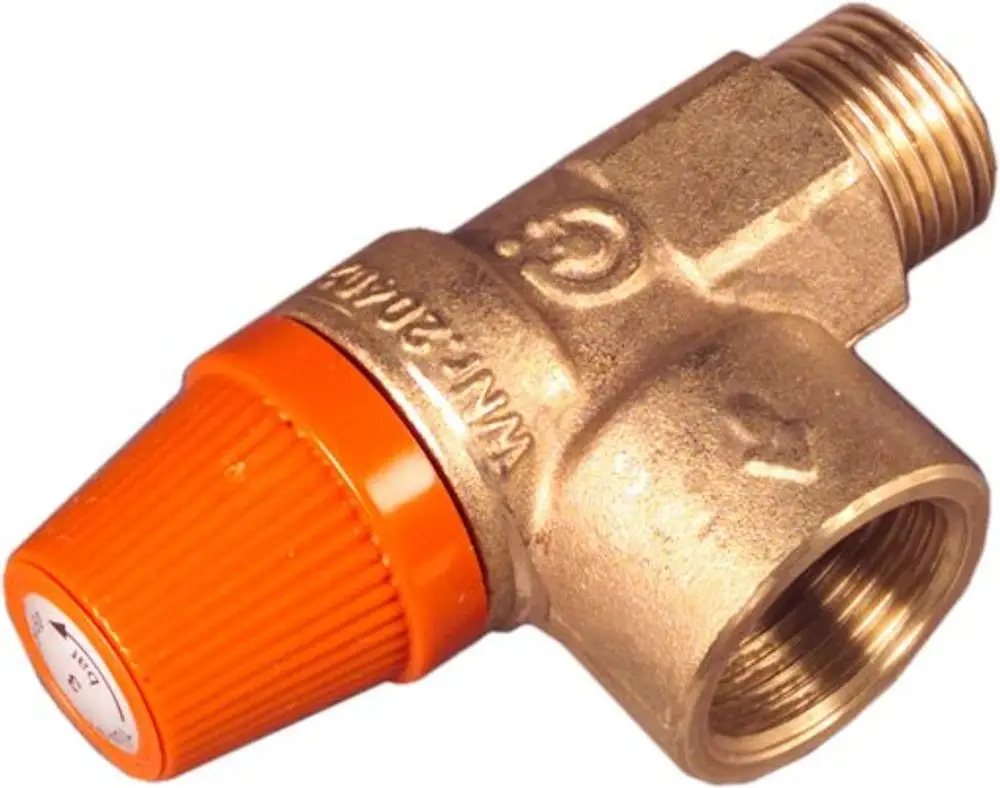 Sicherheitsventil mit orangefarbenem Drehknopf und Gewinde, aus Metall, mit der Aufschrift Bosch, zur Nutzung in Drucksystemen.